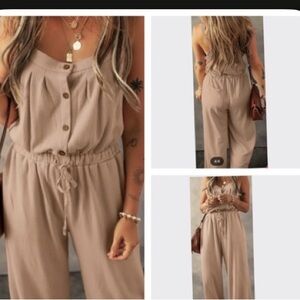 Neutral Ribbed Button Front Jumpsuit – Size Small